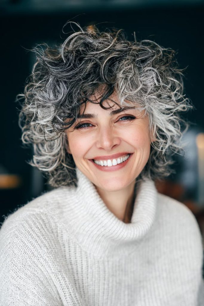Smoky silver shag with curls.