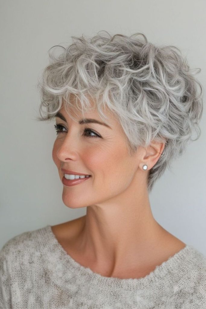Short gray curly pixie hairstyle.