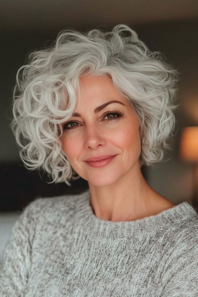 Snowy silver curl cascade haircut.