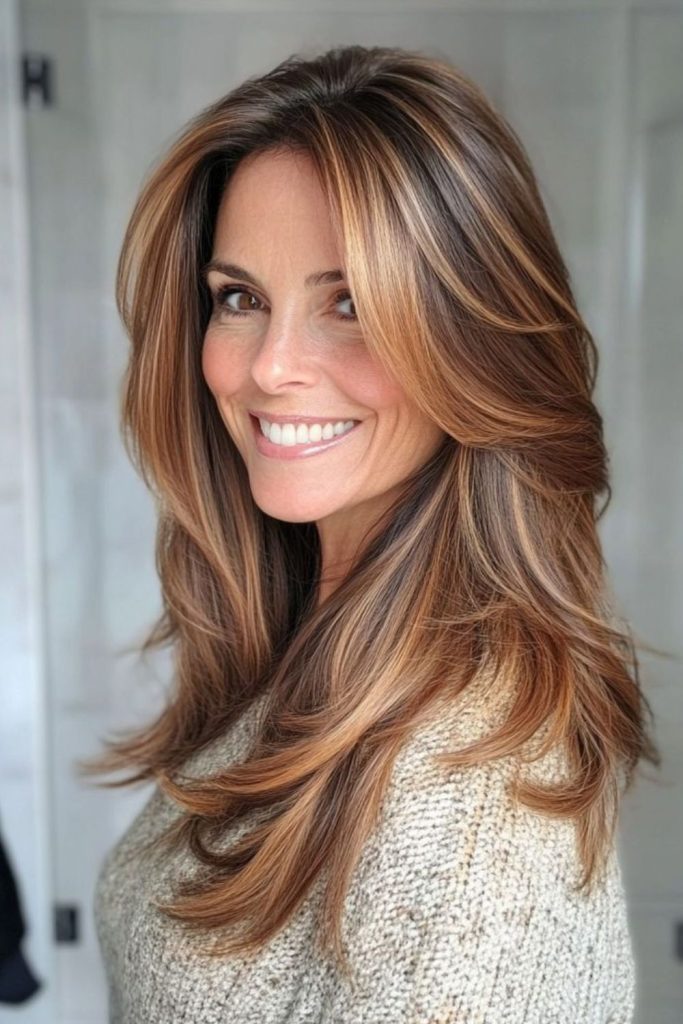 Caramel halo layered soft bang hairstyle