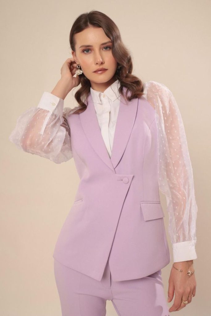 Lavender sleeveless blazer feminine elegant outfit