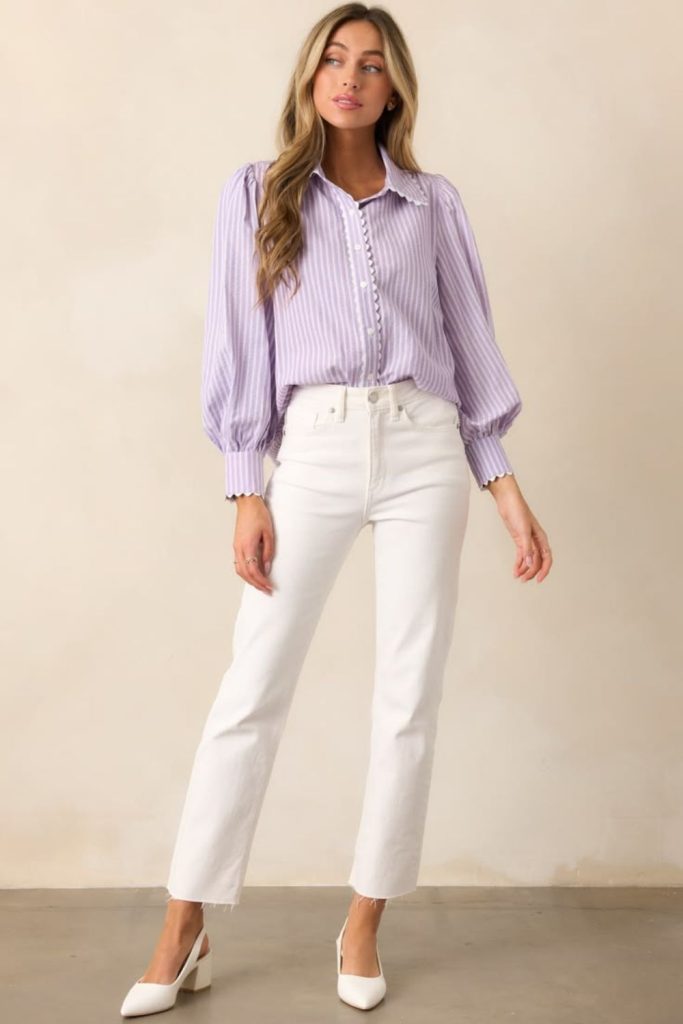 Lavender business casual soft office outfit