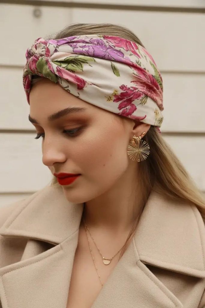 Tucked hairstyle with floral headband.