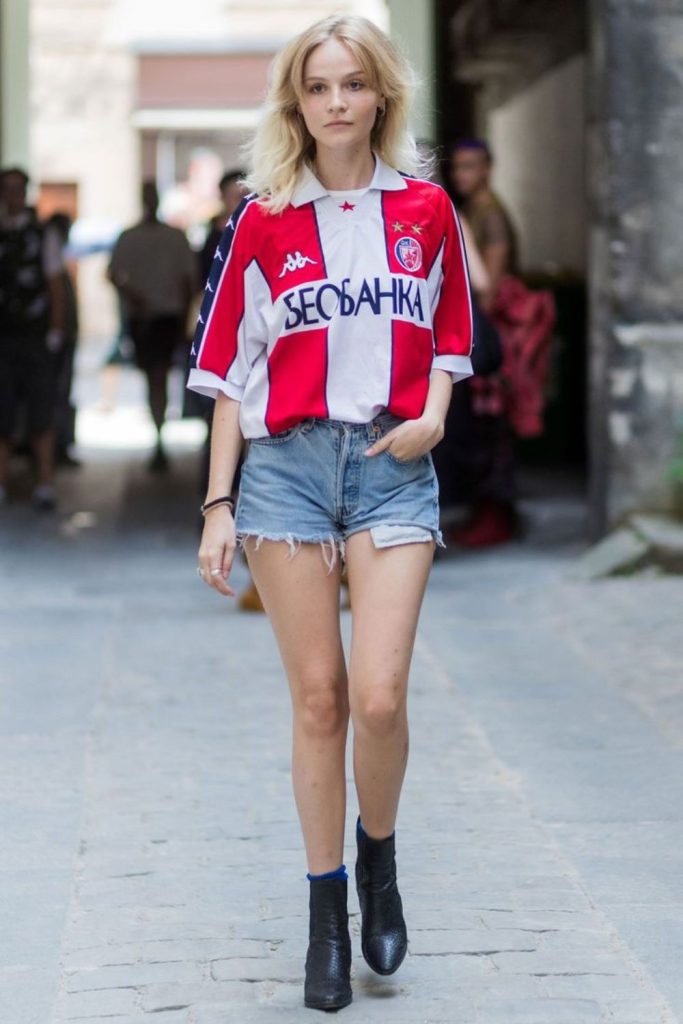 Vintage football jersey denim shorts style