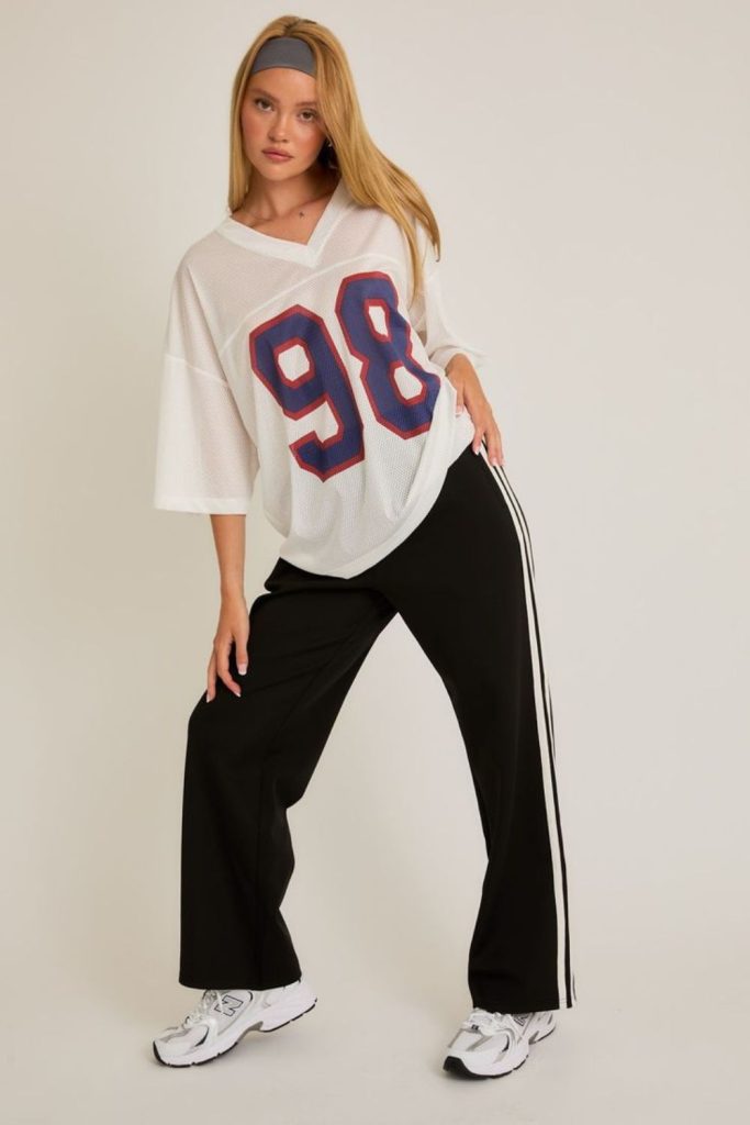 Neutral football jersey flare leggings style