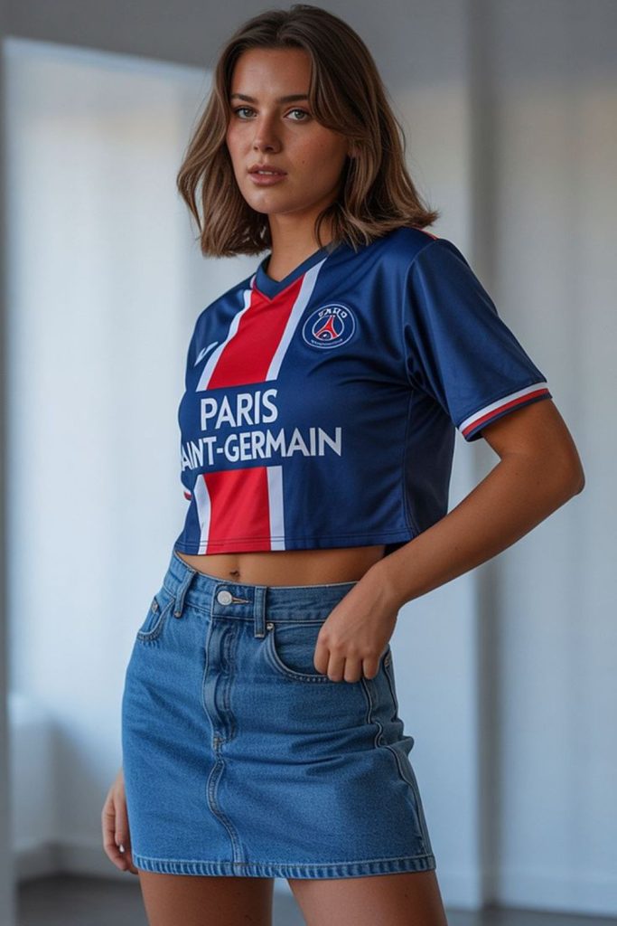 Football jersey with denim mini skirt