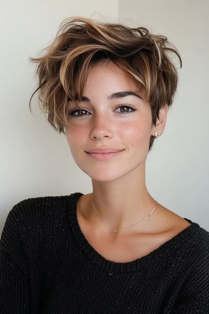 Textured pixie hairstyle with wispy fringe.
