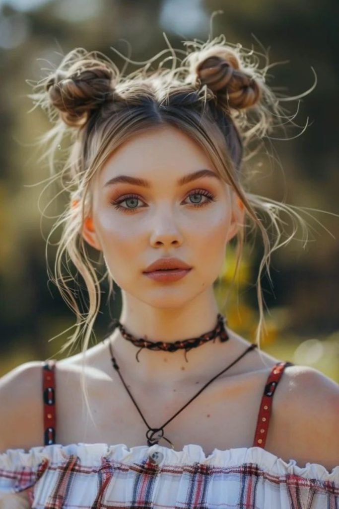 Double buns with playful camp energy.