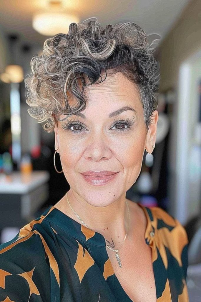 Textured silver crop with curls.