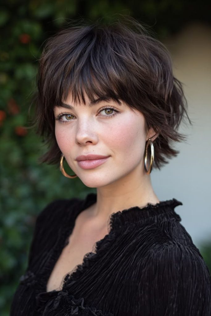 Textured shag haircut with tousled volume.