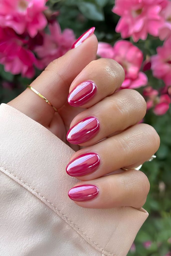 Soft strawberry silk glossy pastel nails