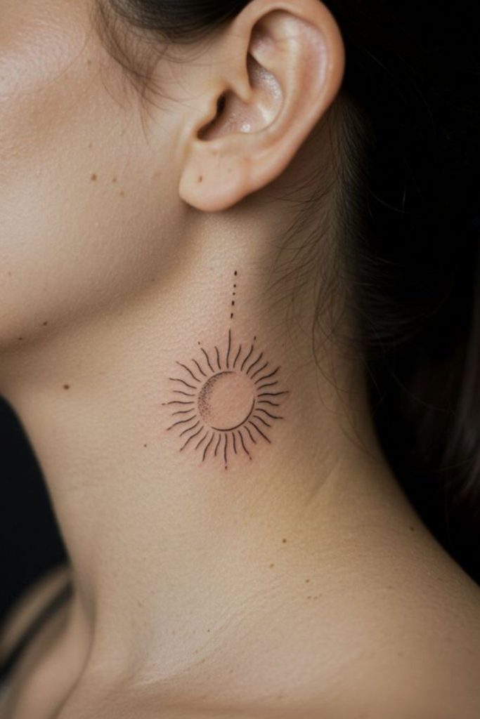 Sunburst hairline tattoo radiant glowing lines.
