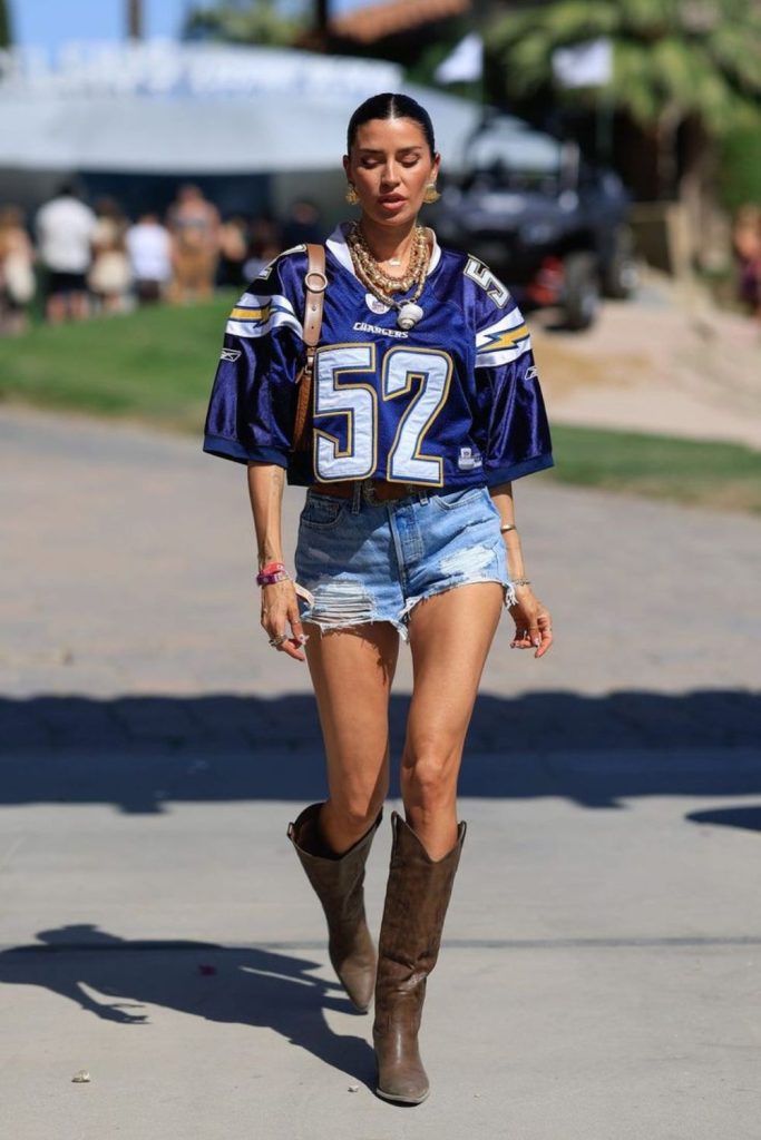 Oversized football jersey denim shorts outfit