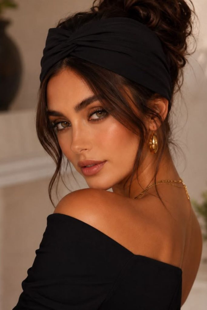 Layered puff hairstyle with headband.