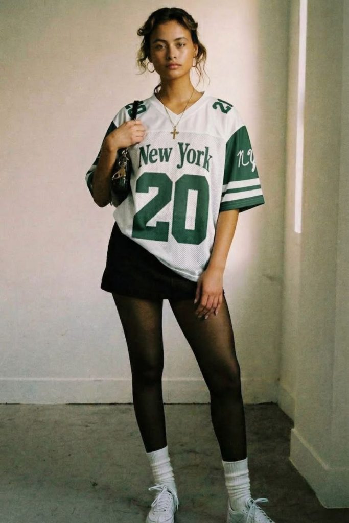 Oversized football jersey cycling shorts outfit