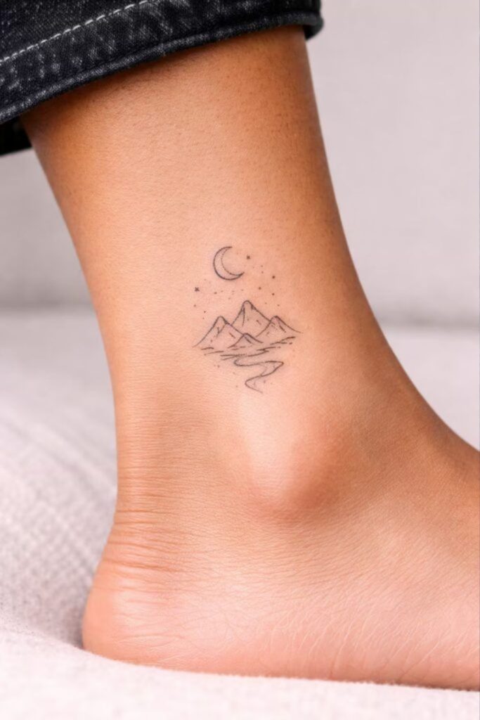 Mini mountain silhouette adventure tattoo style.