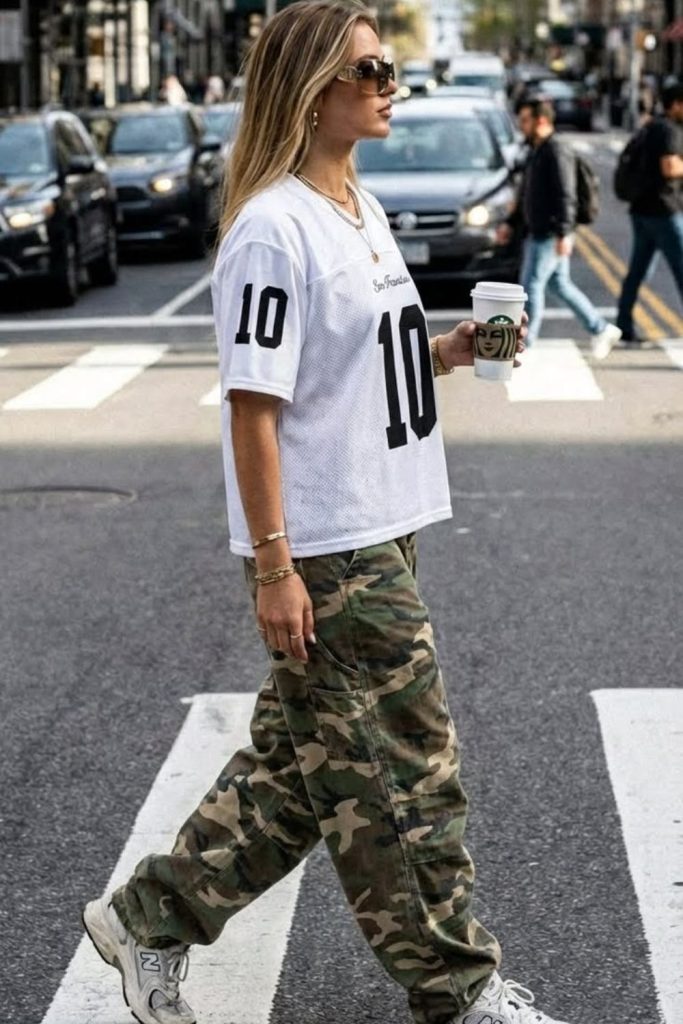 Cropped football jersey cargo pants style