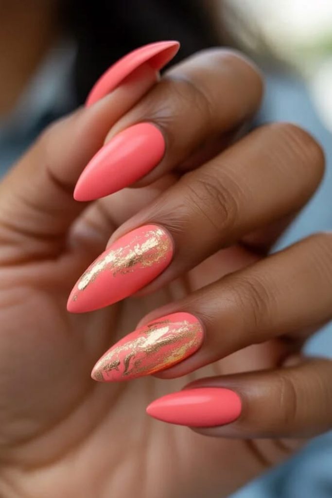 Tropical coral flame bold glossy nails