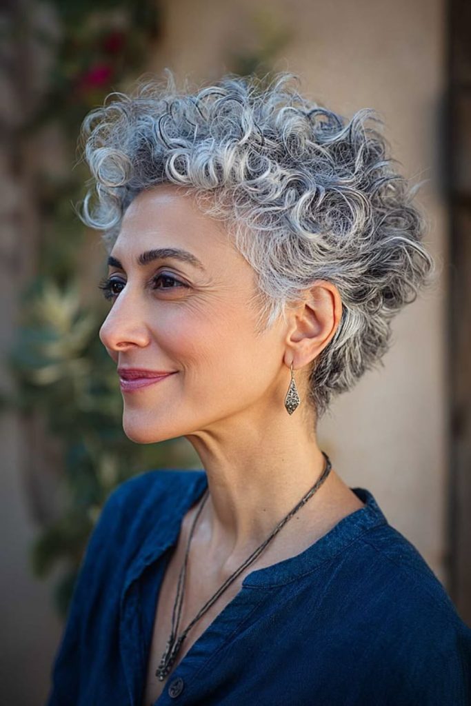 Twilight gray coiled curly hairstyle.