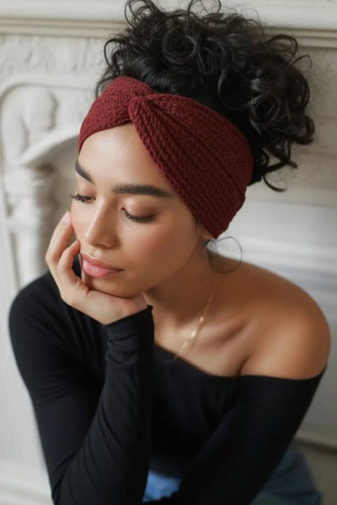 Twisted hairstyle with chunky headband accent.