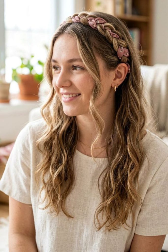 Twisted hairstyle with braided headband detail.