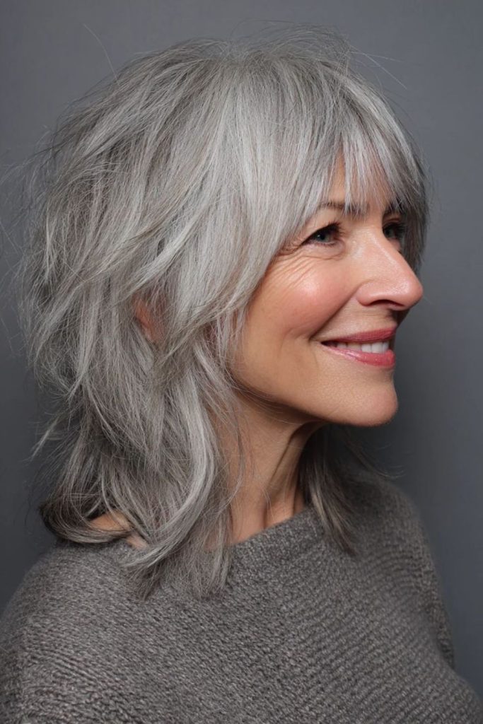 Silver shag haircut with edgy modern layers