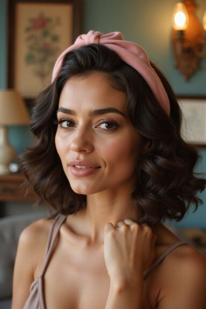 Vintage swept hairstyle with velvet headband.