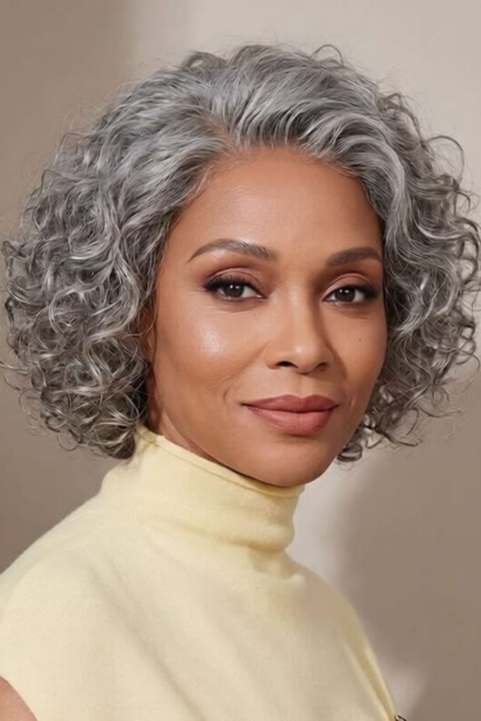 Delicate ash gray ringlet haircut.