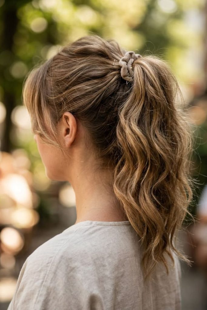 High ponytail with outdoor camp vibe.