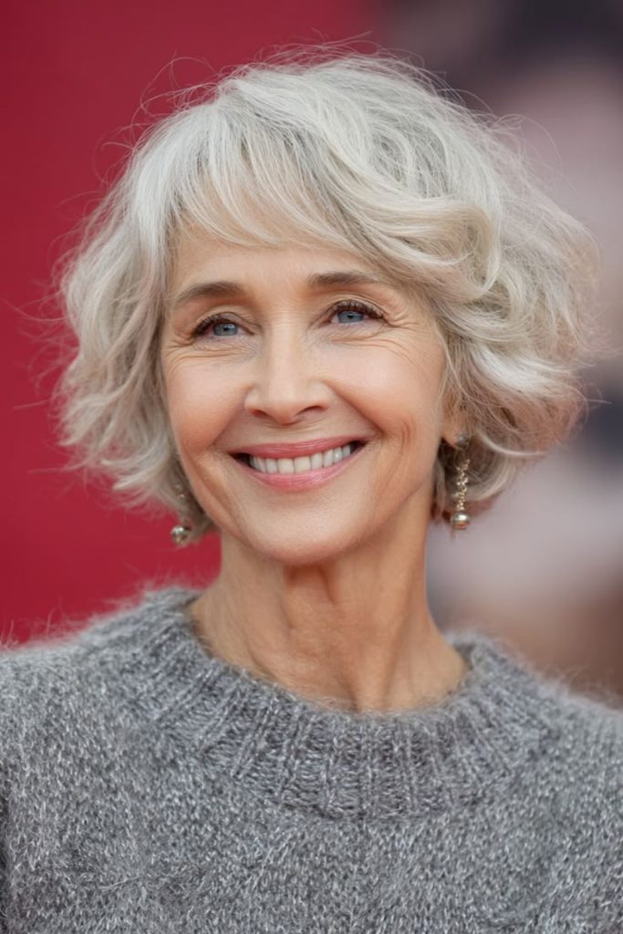 Chin length wavy bob hairstyle.