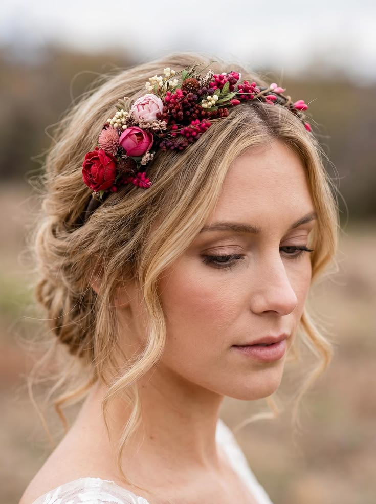 Floral headband with loose braided hairstyle.