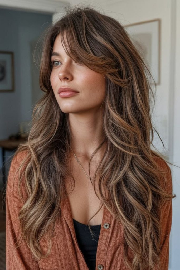 Wildflower layered hair with curtain bangs.