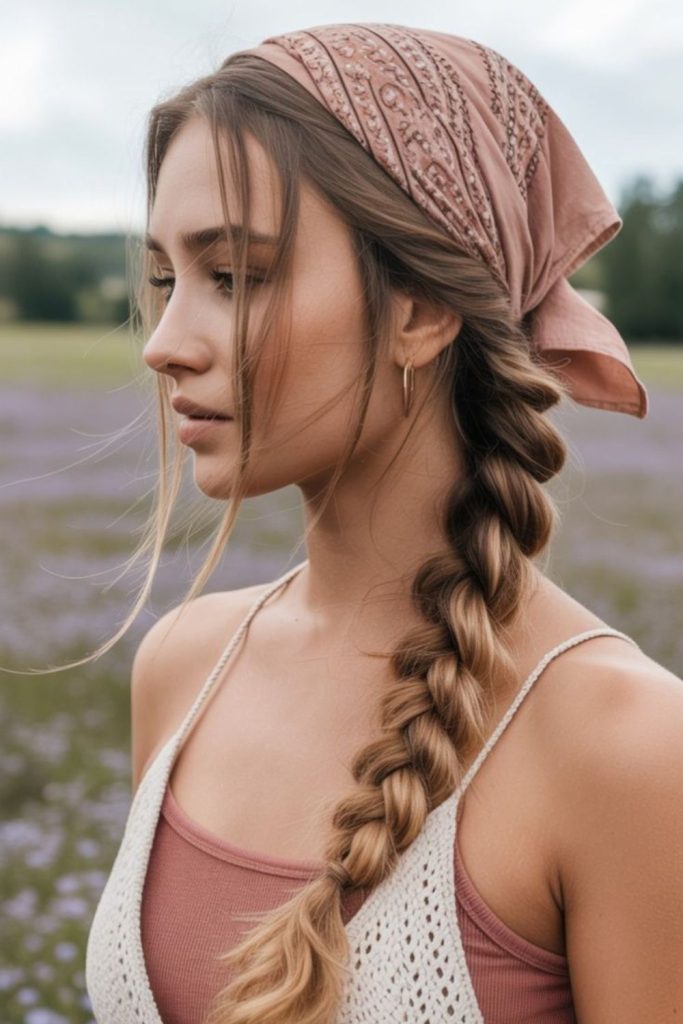 Loose side braid camp hairstyle.