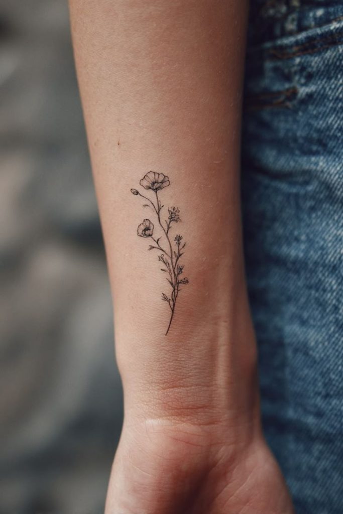 Small wildflower tattoo with delicate petals.