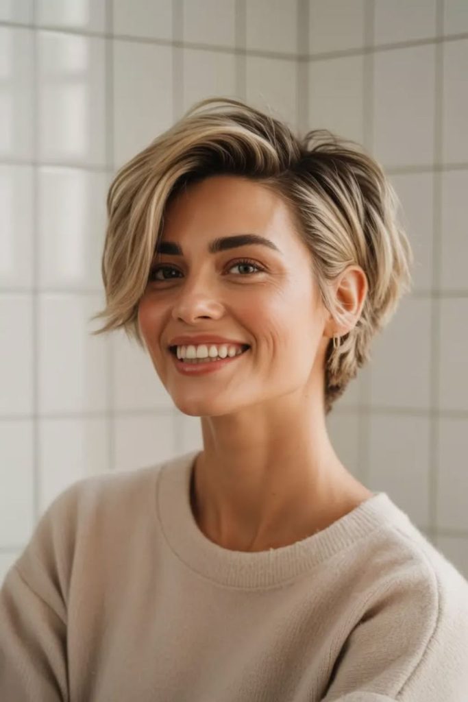 Soft pixie haircut with light layers.