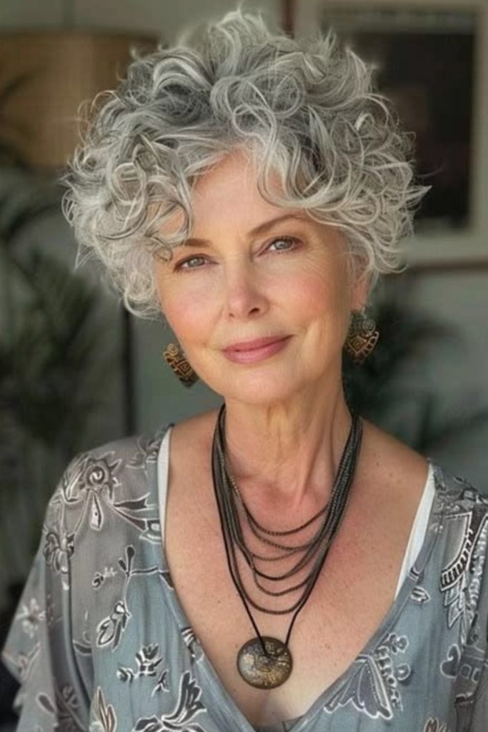 Winter spiral fringe gray curls framing eyes softly