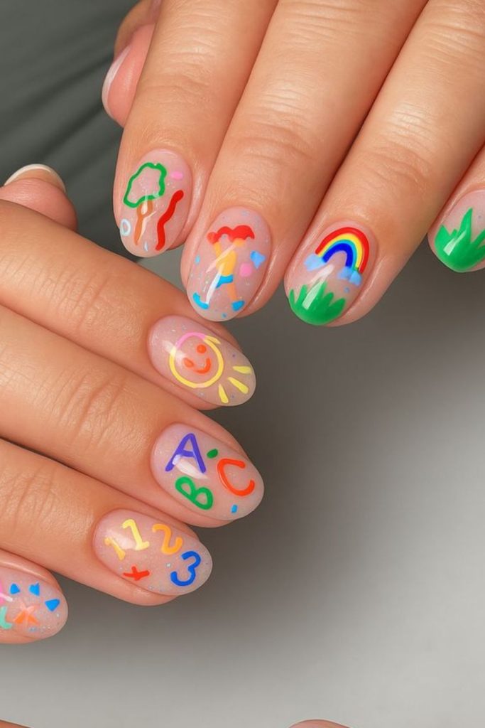 Rainbow alphabet block classroom nails.