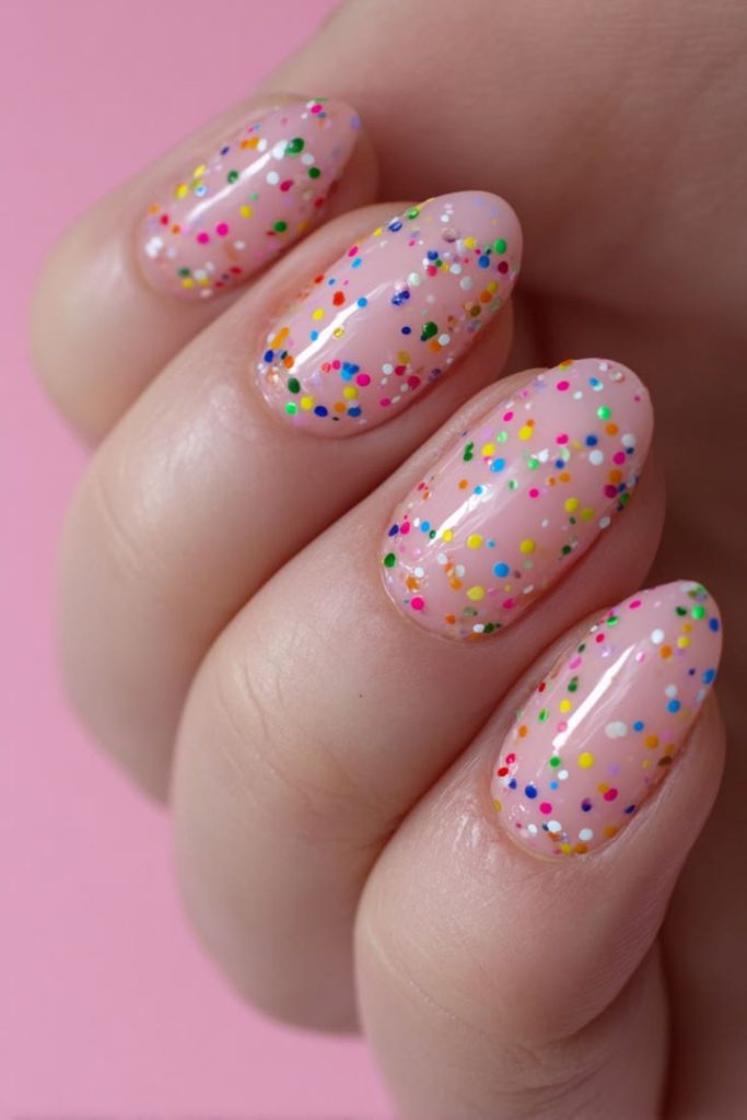 Abstract nails with colorful geometric blocks.