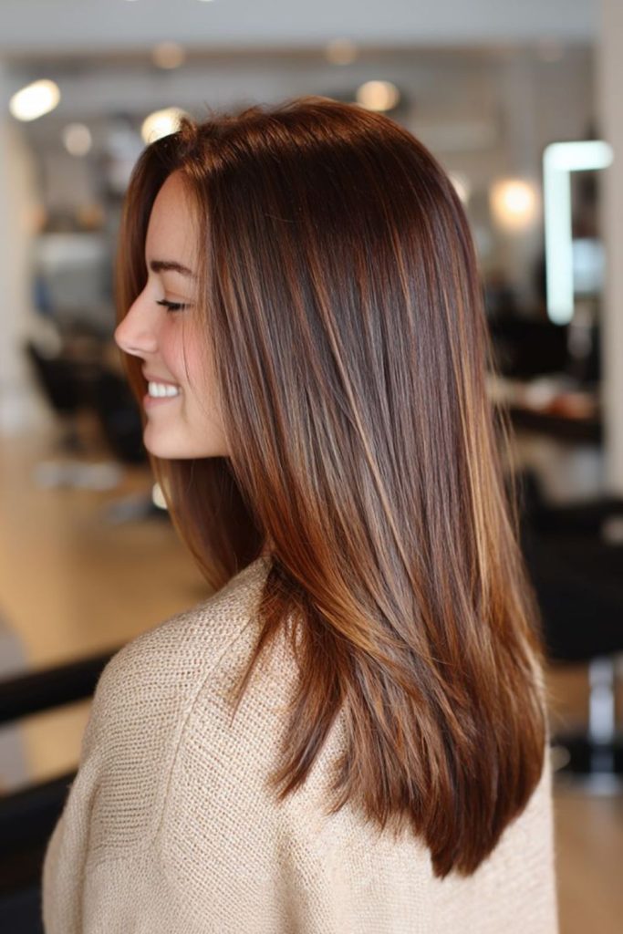 Amber glow sleek straight hairstyle.