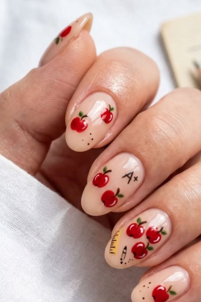 Cute apple accent nude school nails.