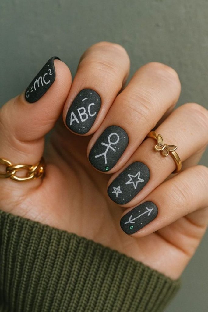 Apple chalkboard teacher nails with doodles.