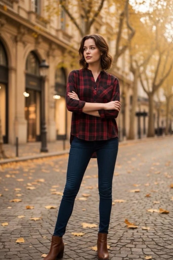 Dark bootcut jeans plaid shirt outfit