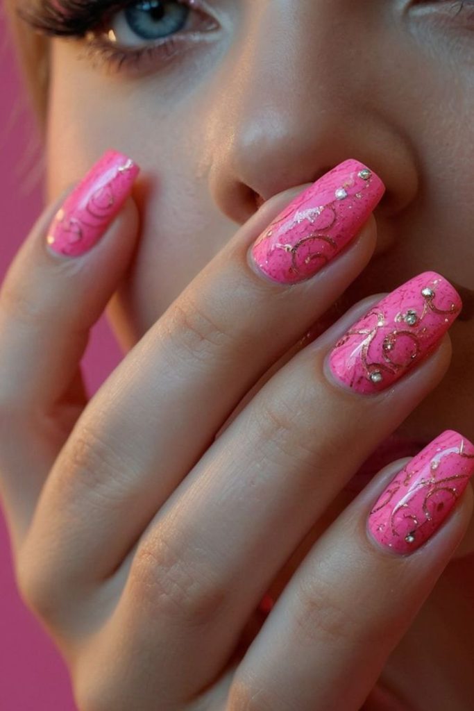 Hot pink Barbie baddie nails