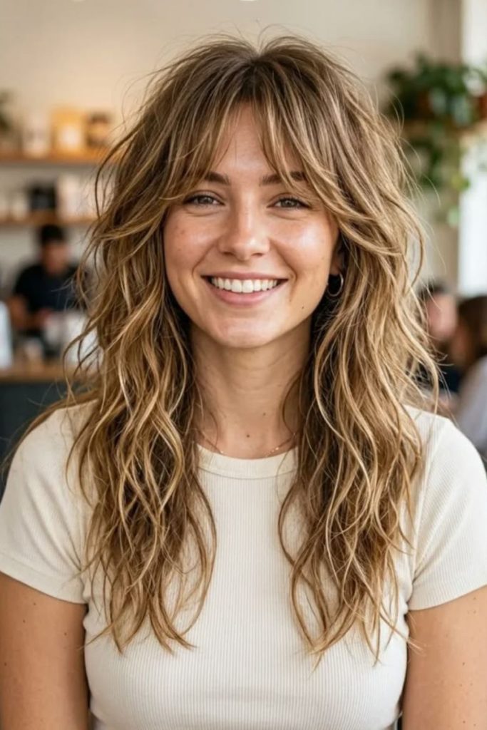 Beachy breeze wolf cut with bangs.