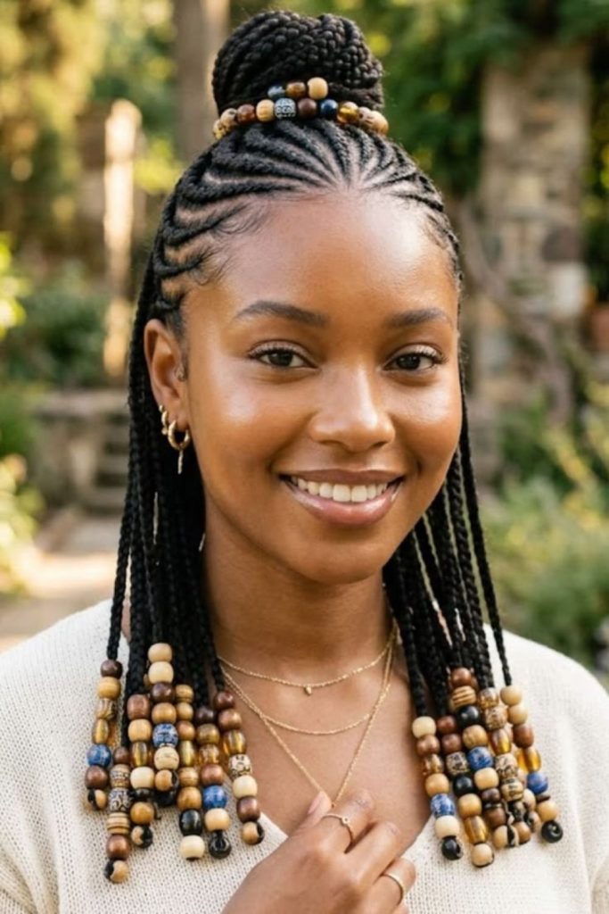 Beaded heritage inspired cornrow hairstyle.