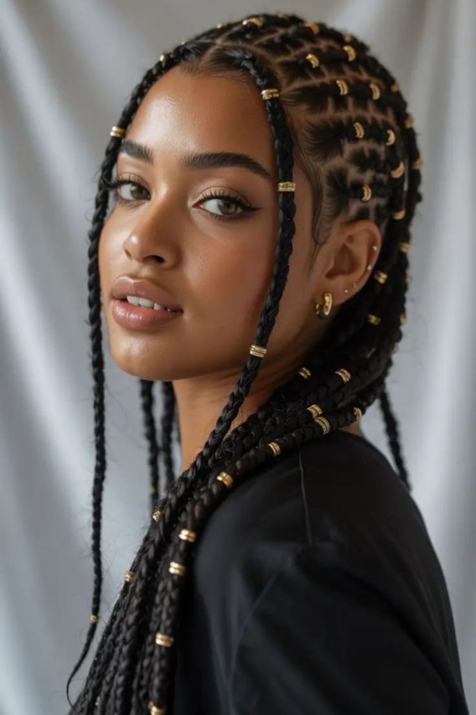 Beaded natural cornrow braid hairstyle.