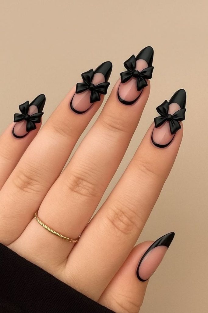 White nails with black bows.