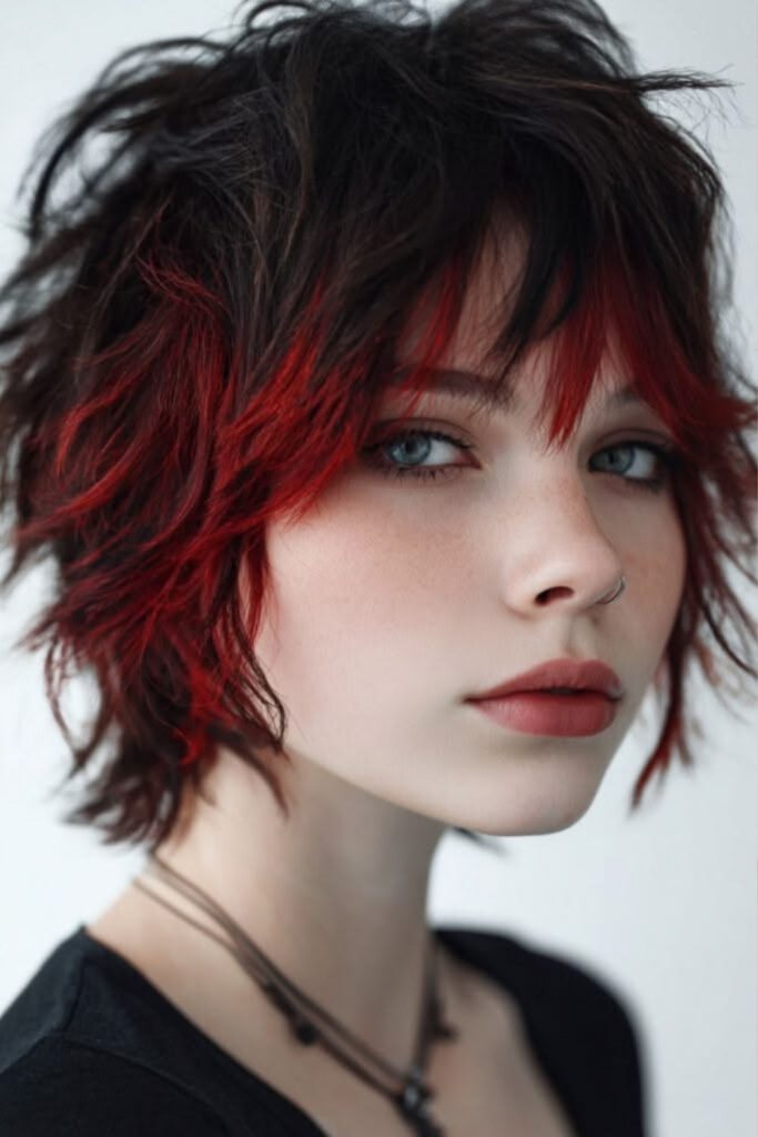 Black cherry mullet with dramatic layers.