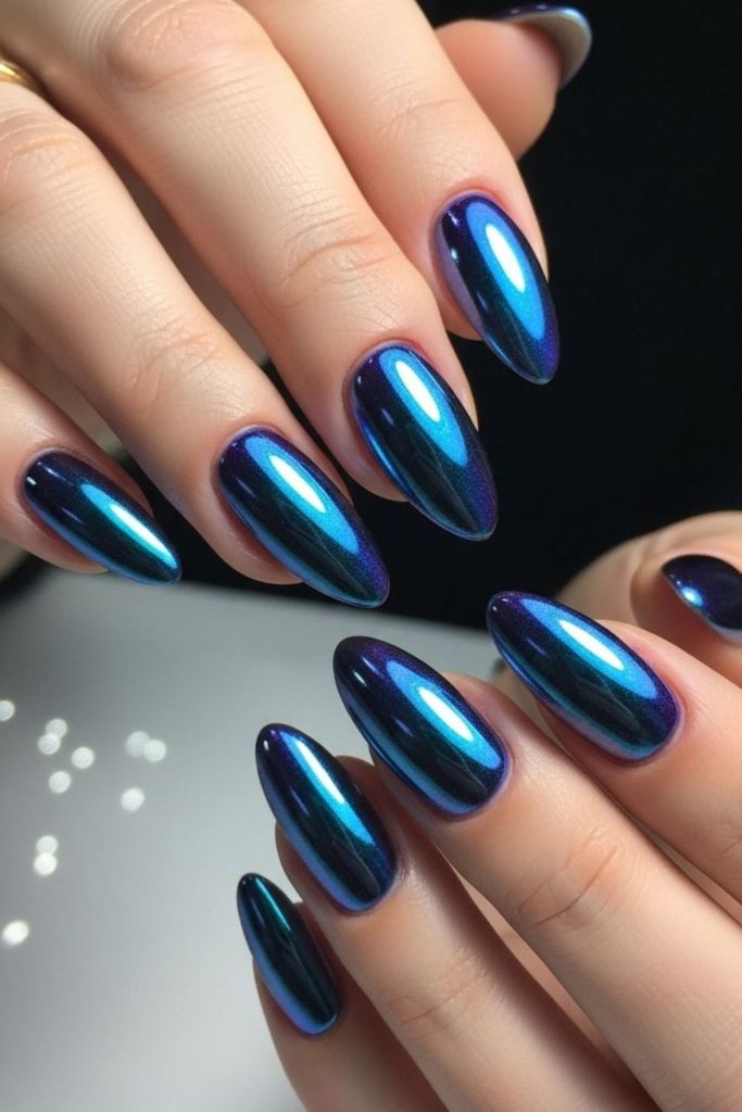Blueberry glazed nails with icy chrome.