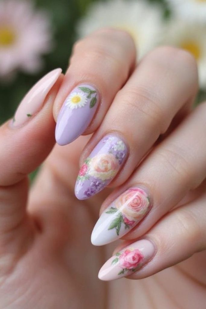 Book-inspired nails with floral accents.
